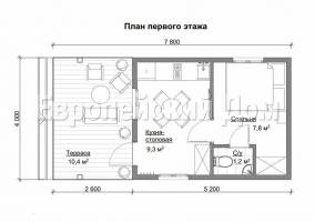 Finsk huset 4x8 for trange områder med et toalett på soverommet