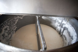 Gradvis tilsett melk gjæret melk whey. Etter å blande innholdet koagulerer. 